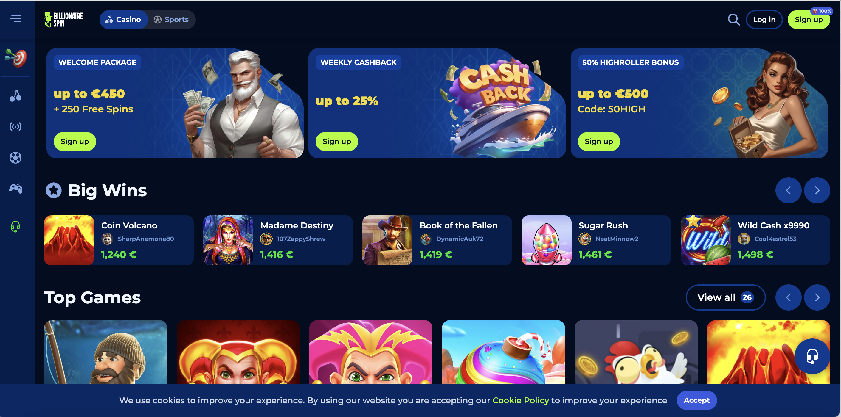 BillionaireSpin Casino Review: 100% Bonus, Diverse Games & 24/7 Support